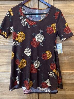 Lularoe Women's Perfect T Brown Swing Top cream mustard rust rose print Sz Small